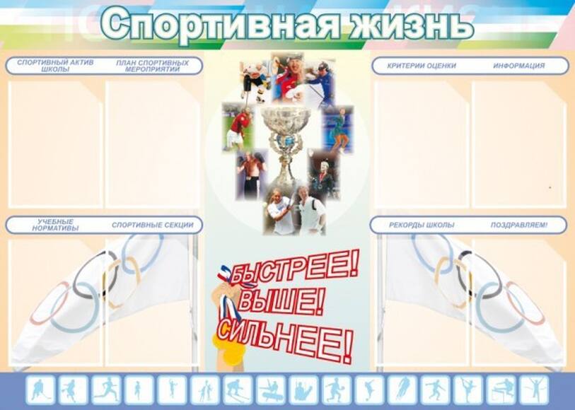Стенд Спортивная жизнь №2, 1,4x1 м, 8 карманов А4