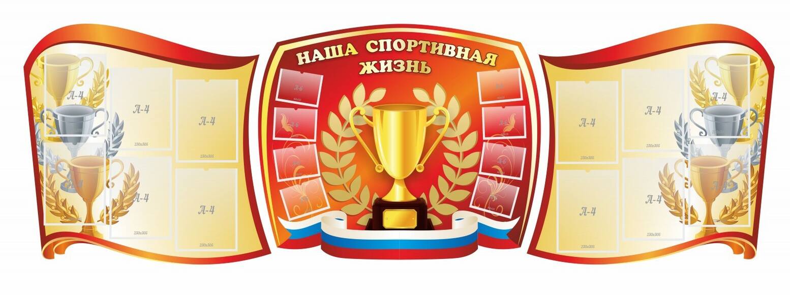 Наша спортивная жизнь, резной стенд из 3-х частей, 2,8x0,9 м, 12 карманов А4, 8 карманов А6